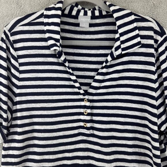 Chicos Top Womens 3 (XL) Blue Striped Linen Popover V-Neck Button Short Sleeve - Picture 3 of 12
